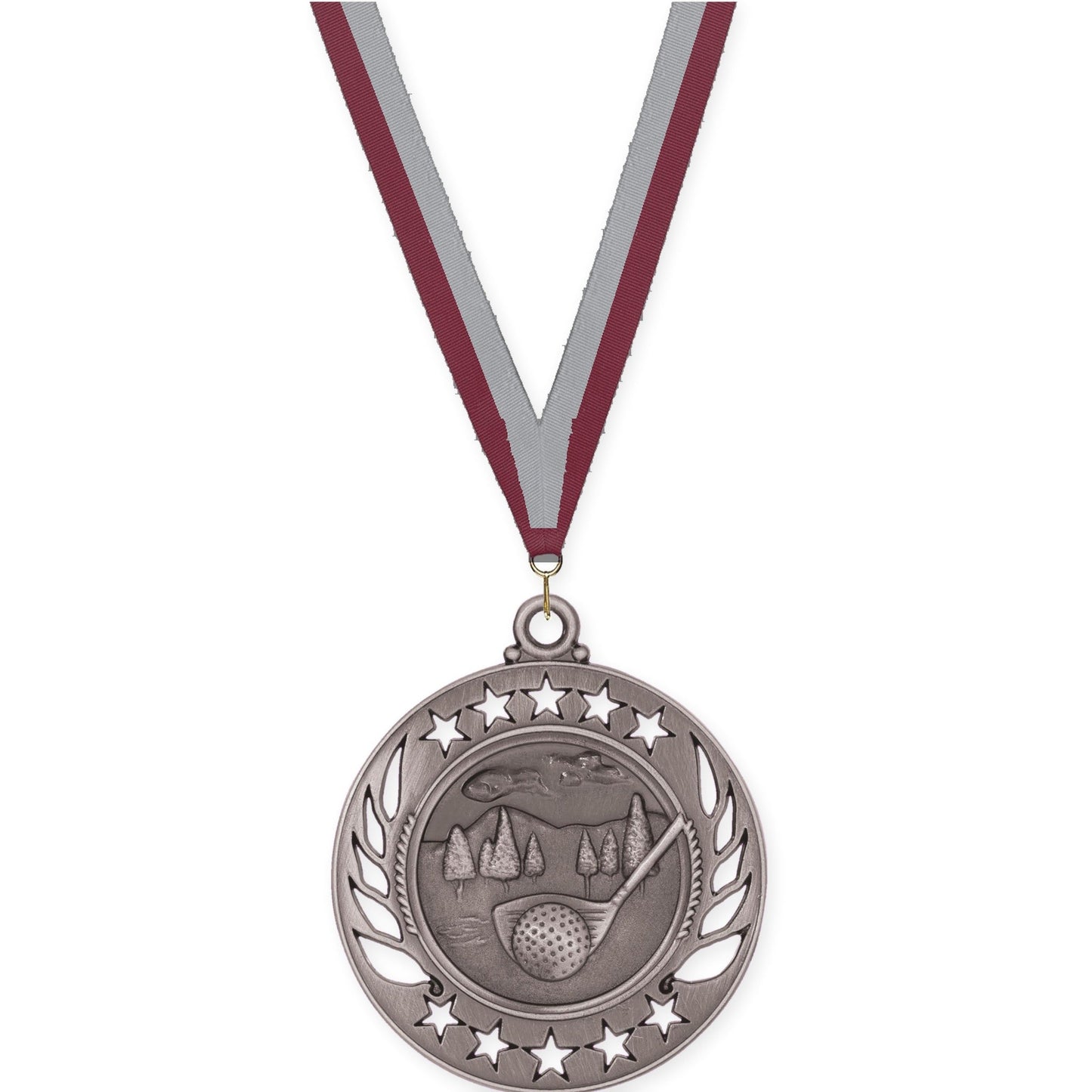2 1/4 inch golf Galaxy medal in antique silver with Maroon Gray neck ribbon
