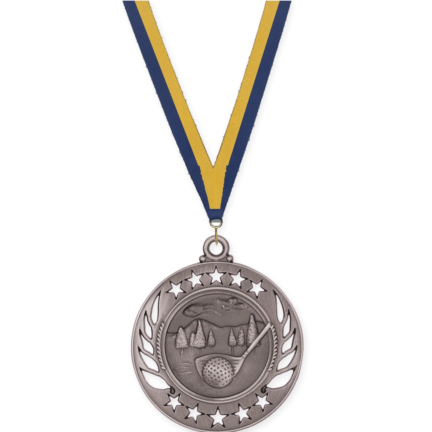 2 1/4 inch golf Galaxy medal in antique silver with Navy Gold neck ribbon