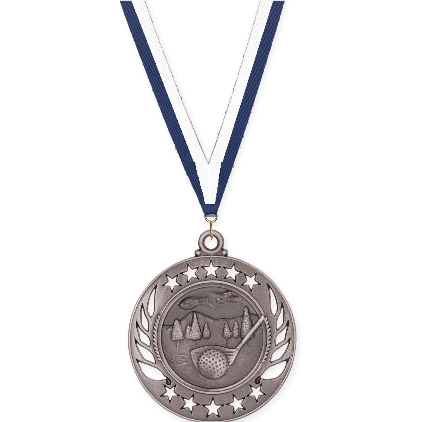 2 1/4 inch golf Galaxy medal in antique silver with Navy White neck ribbon