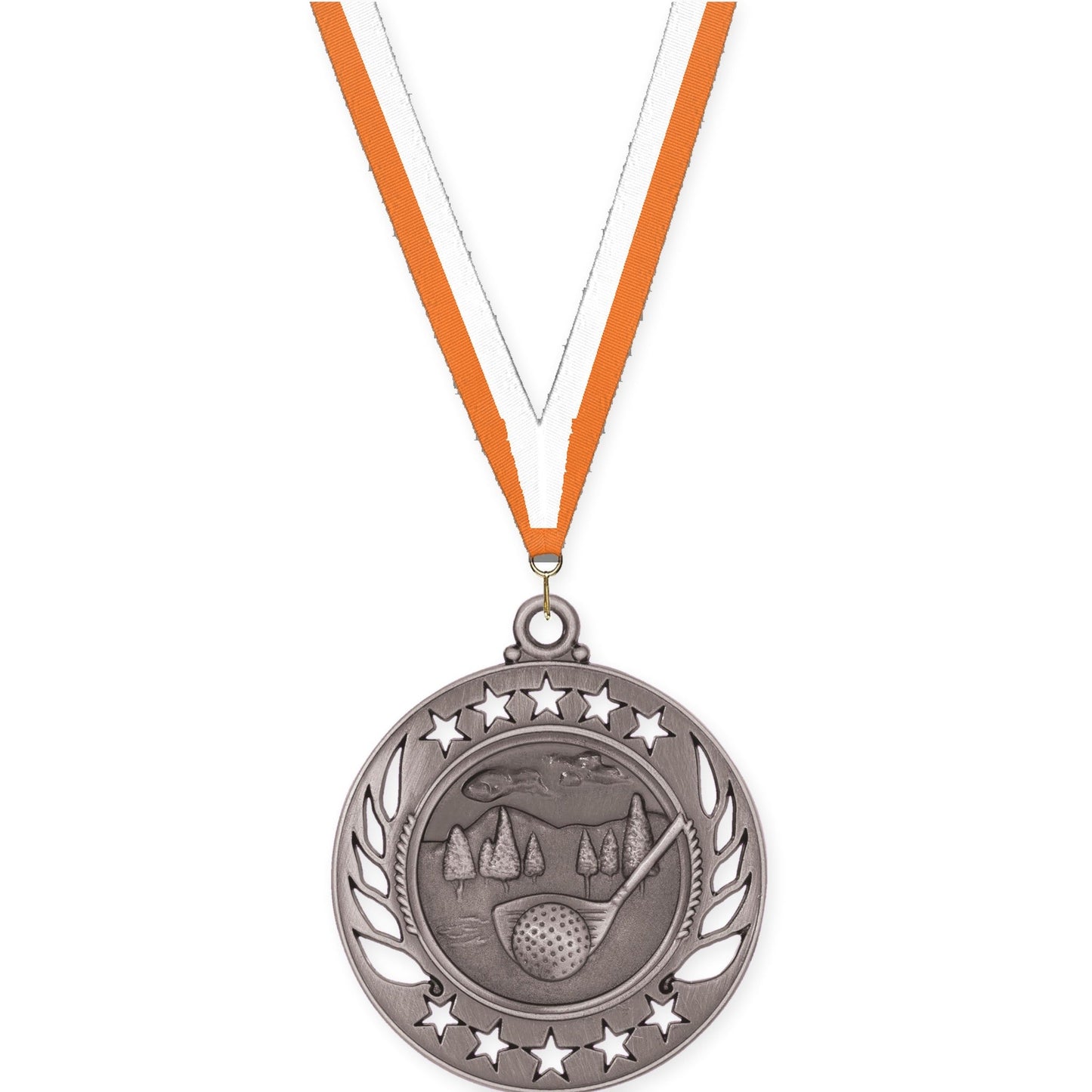 2 1/4 inch golf Galaxy medal in antique silver with Orange White neck ribbon