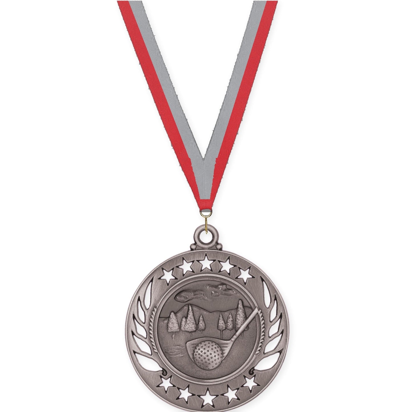 2 1/4 inch golf Galaxy medal in antique silver with Red Gray neck ribbon