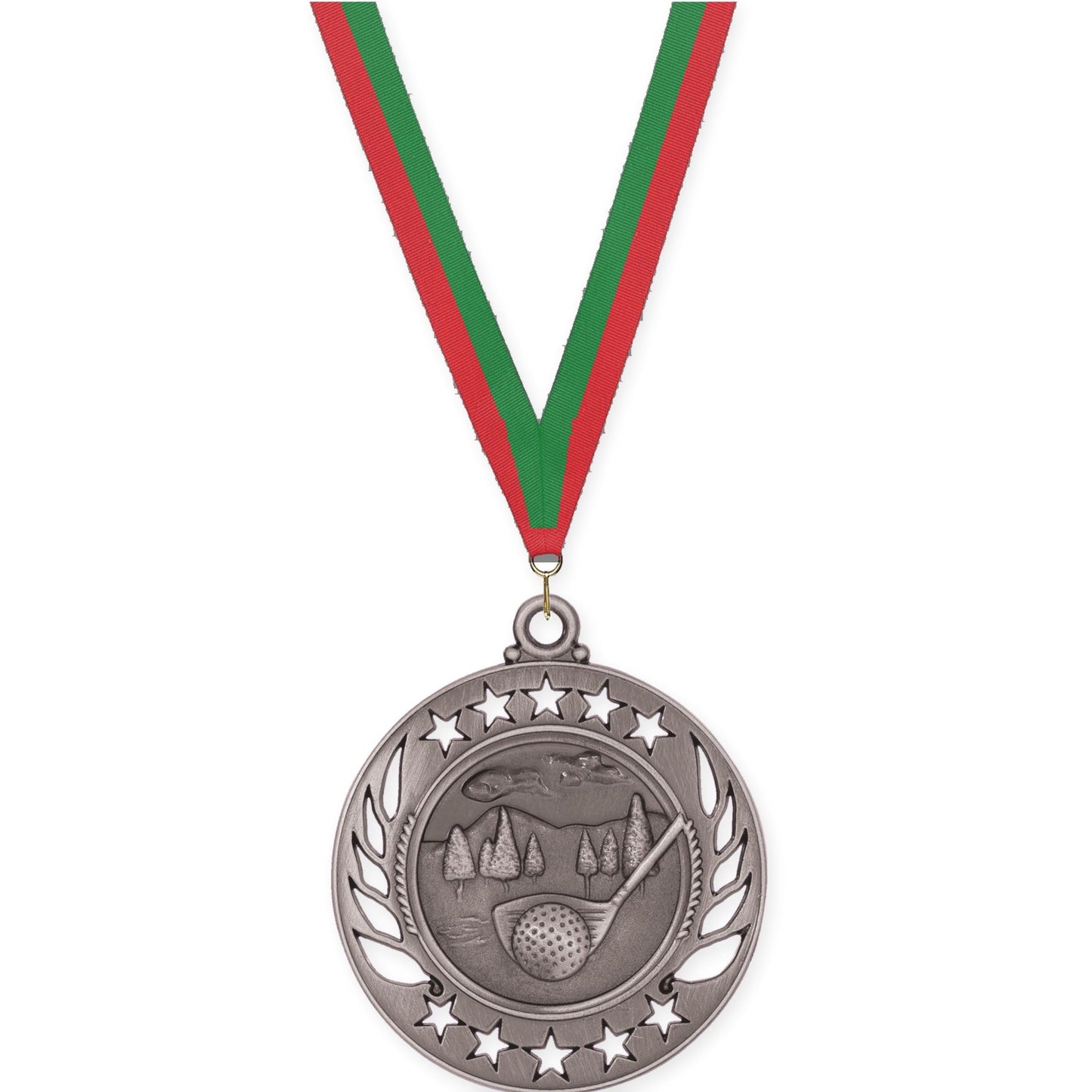 2 1/4 inch golf Galaxy medal in antique silver with Red Green neck ribbon