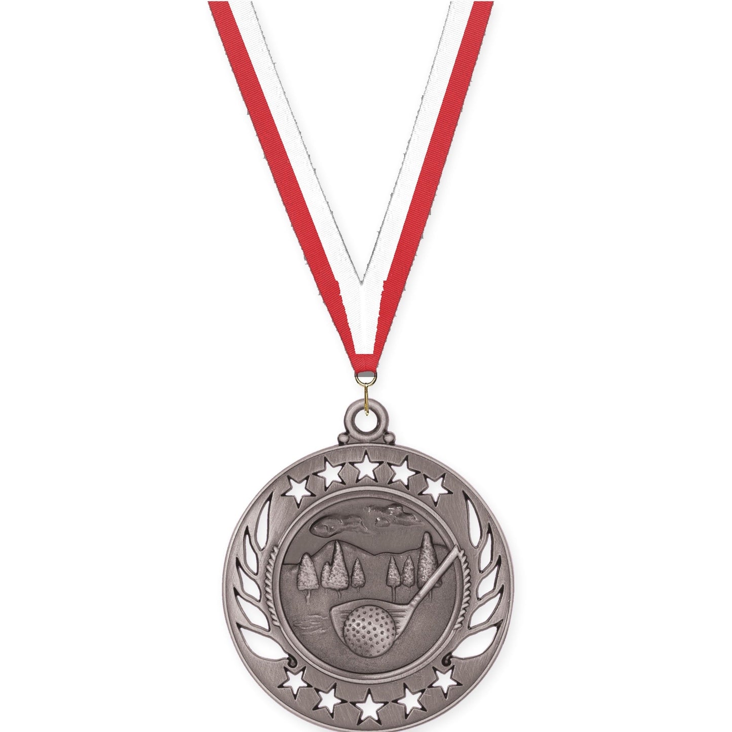 2 1/4 inch golf Galaxy medal in antique silver with Red White neck ribbon