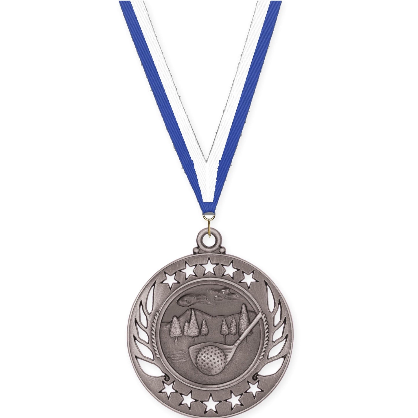 2 1/4 inch golf Galaxy medal in antique silver with Blue White neck ribbon