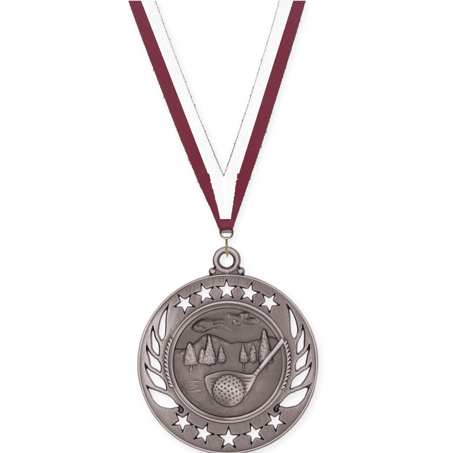 2 1/4 inch golf Galaxy medal in antique silver with Maroon White neck ribbon