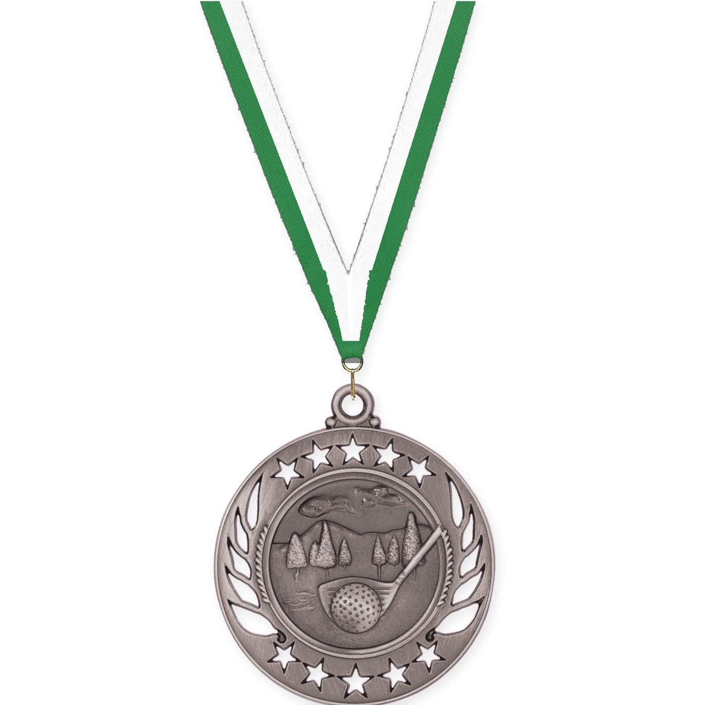 2 1/4 inch golf Galaxy medal in antique silver with Green White neck ribbon