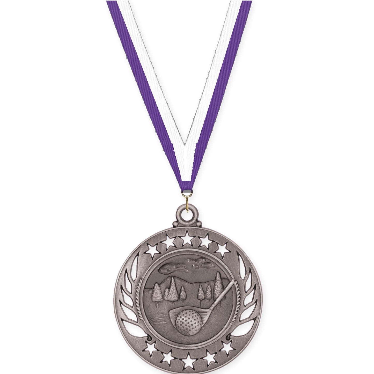 2 1/4 inch golf Galaxy medal in antique silver with Purple White neck ribbon