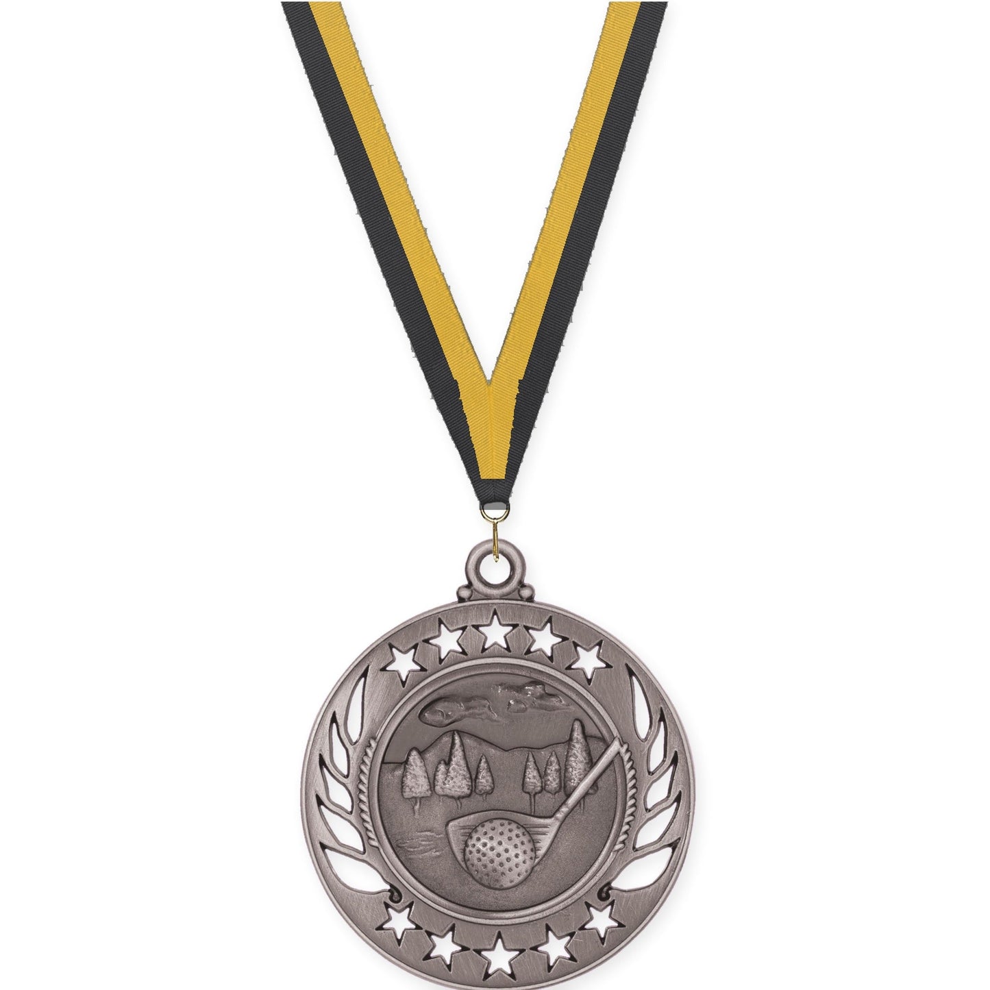 2 1/4 inch golf Galaxy medal in antique silver with Black Gold neck ribbon