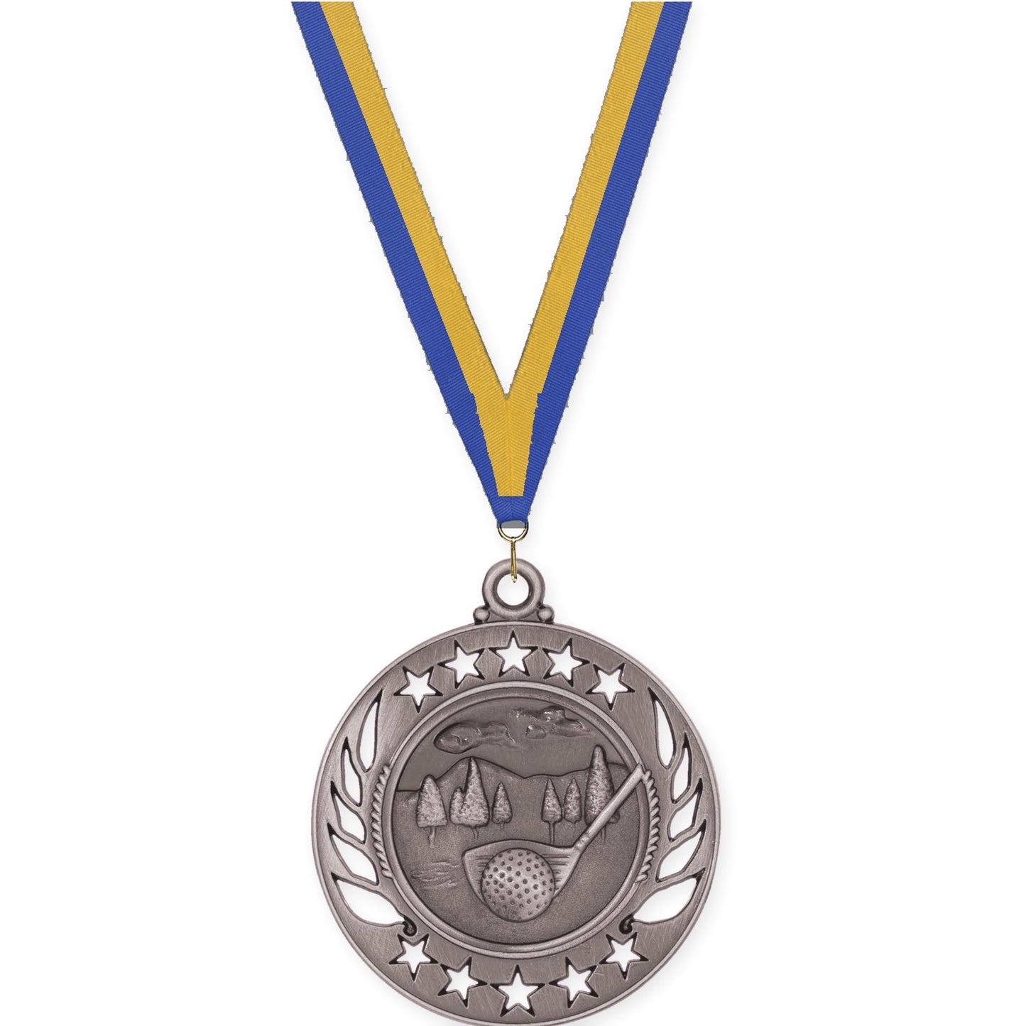 2 1/4 inch golf Galaxy medal in antique silver with Blue Gold neck ribbon