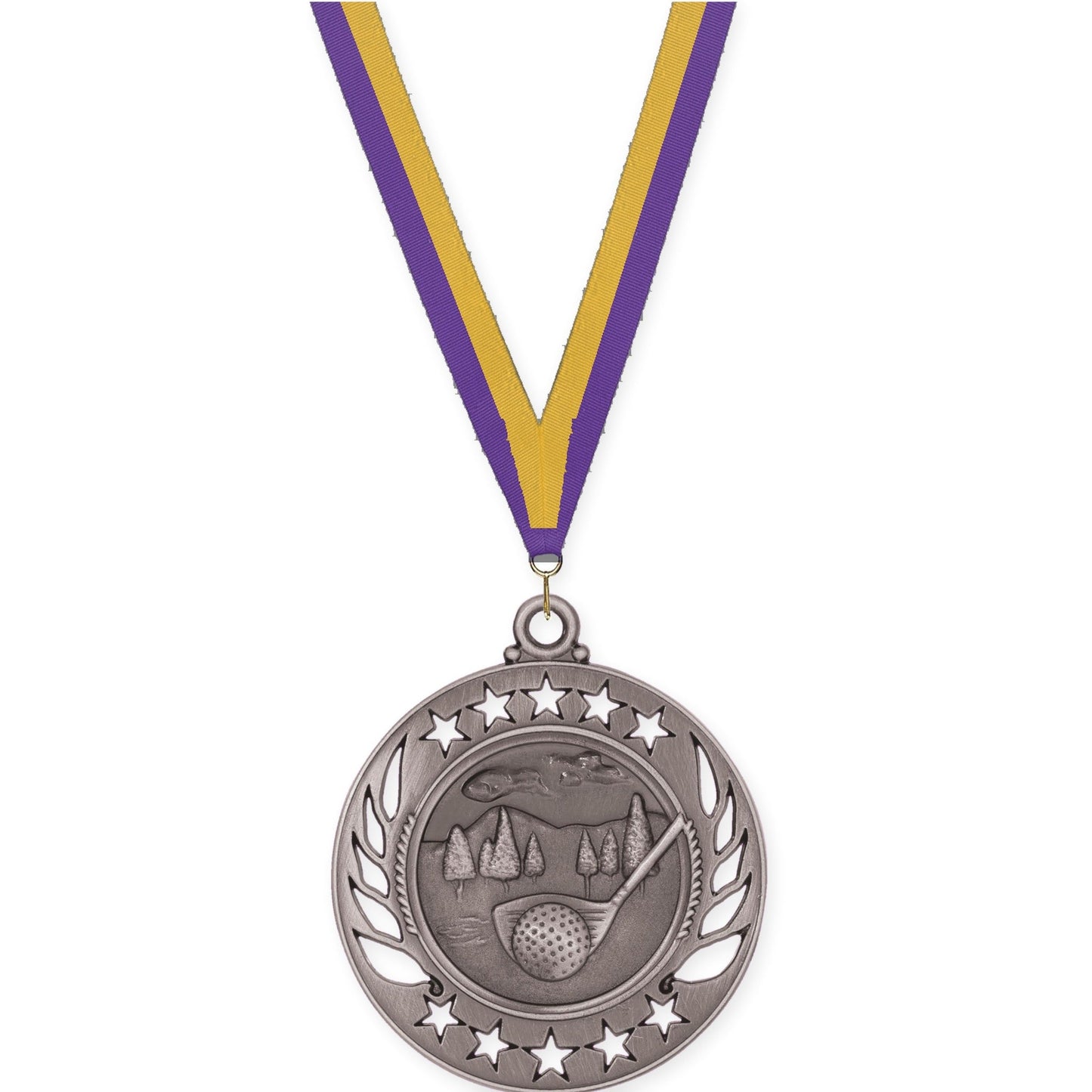 2 1/4 inch golf Galaxy medal in antique silver with Purple Gold neck ribbon