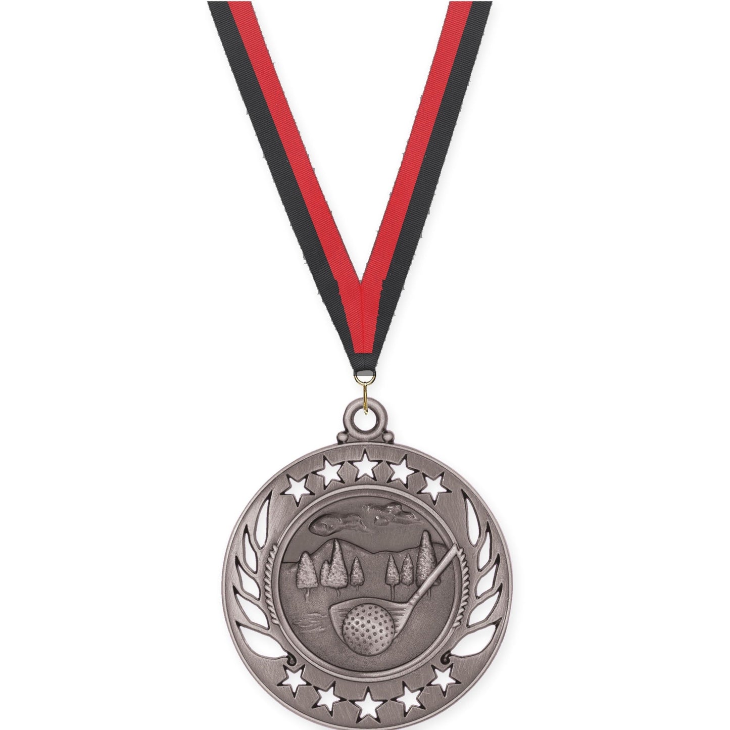 2 1/4 inch golf Galaxy medal in antique silver with Black Red neck ribbon