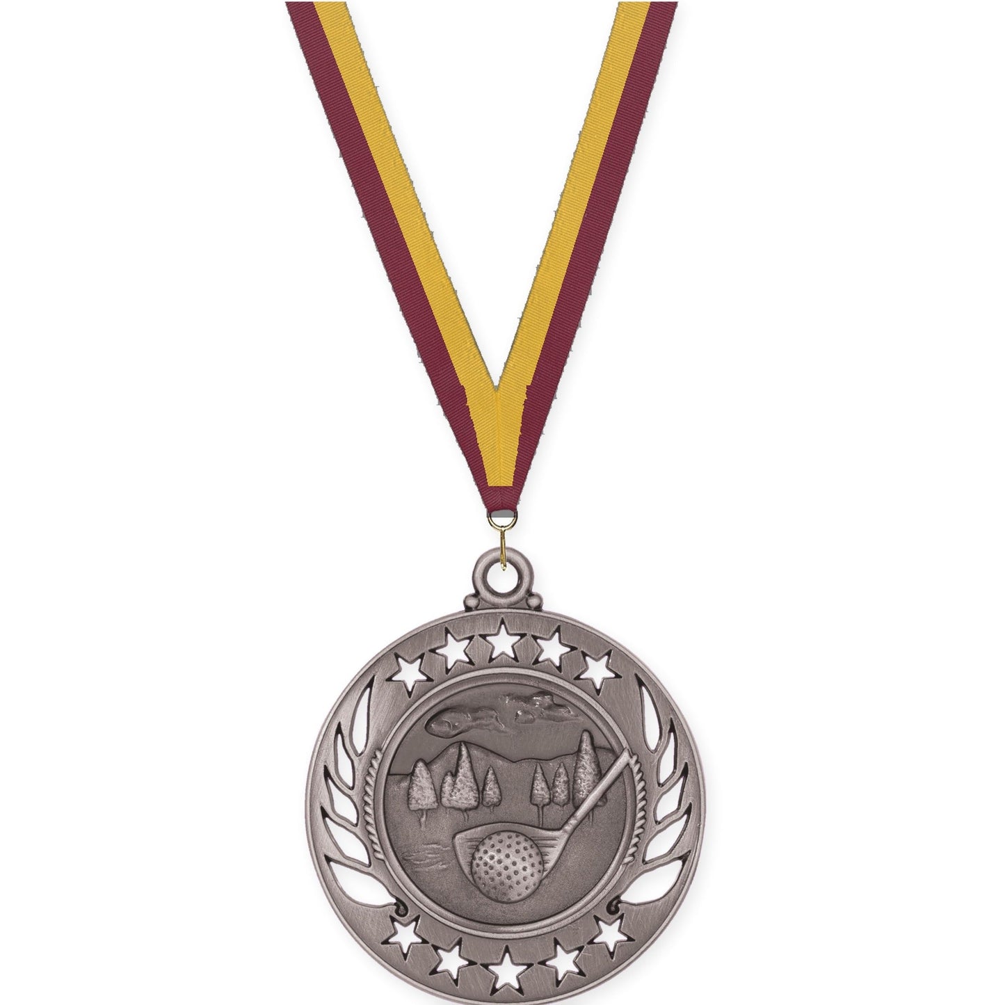 2 1/4 inch golf Galaxy medal in antique silver with Maroon Gold neck ribbon