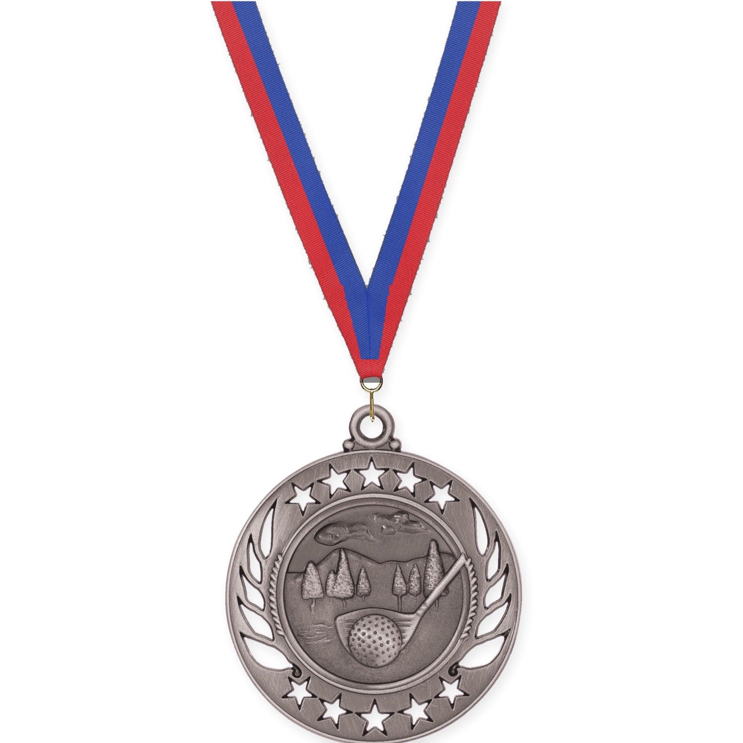 2 1/4 inch golf Galaxy medal in antique silver with Blue Red neck ribbon