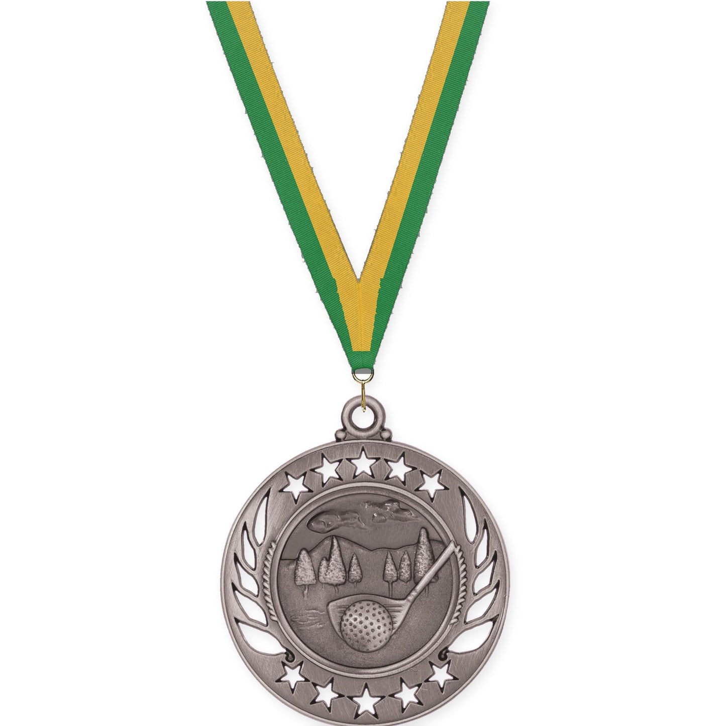 2 1/4 inch golf Galaxy medal in antique silver with Green Gold neck ribbon