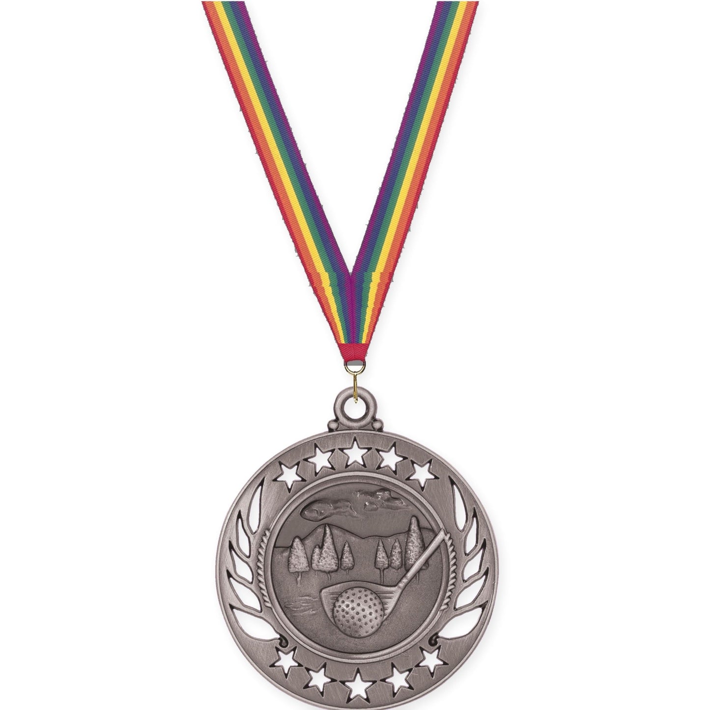 2 1/4 inch golf Galaxy medal in antique silver with Rainbow neck ribbon