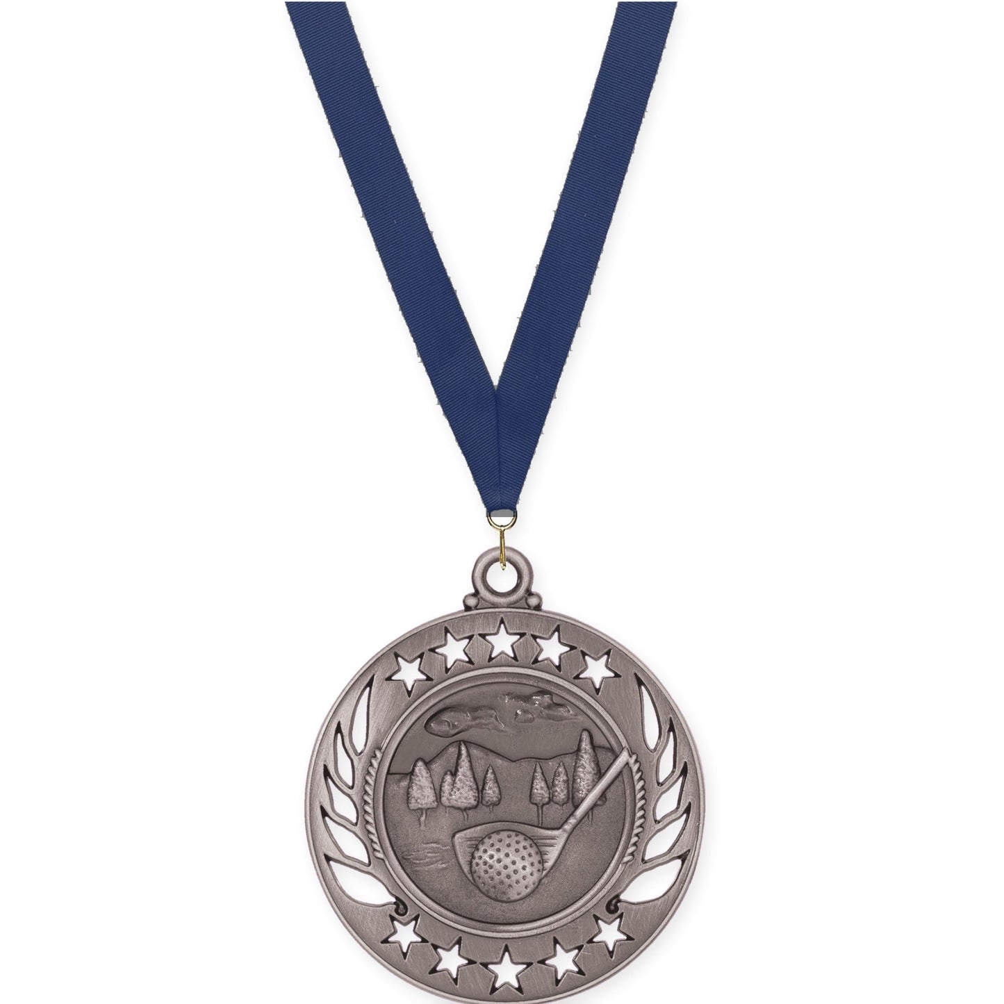 2 1/4 inch golf Galaxy medal in antique silver with Navy neck ribbon