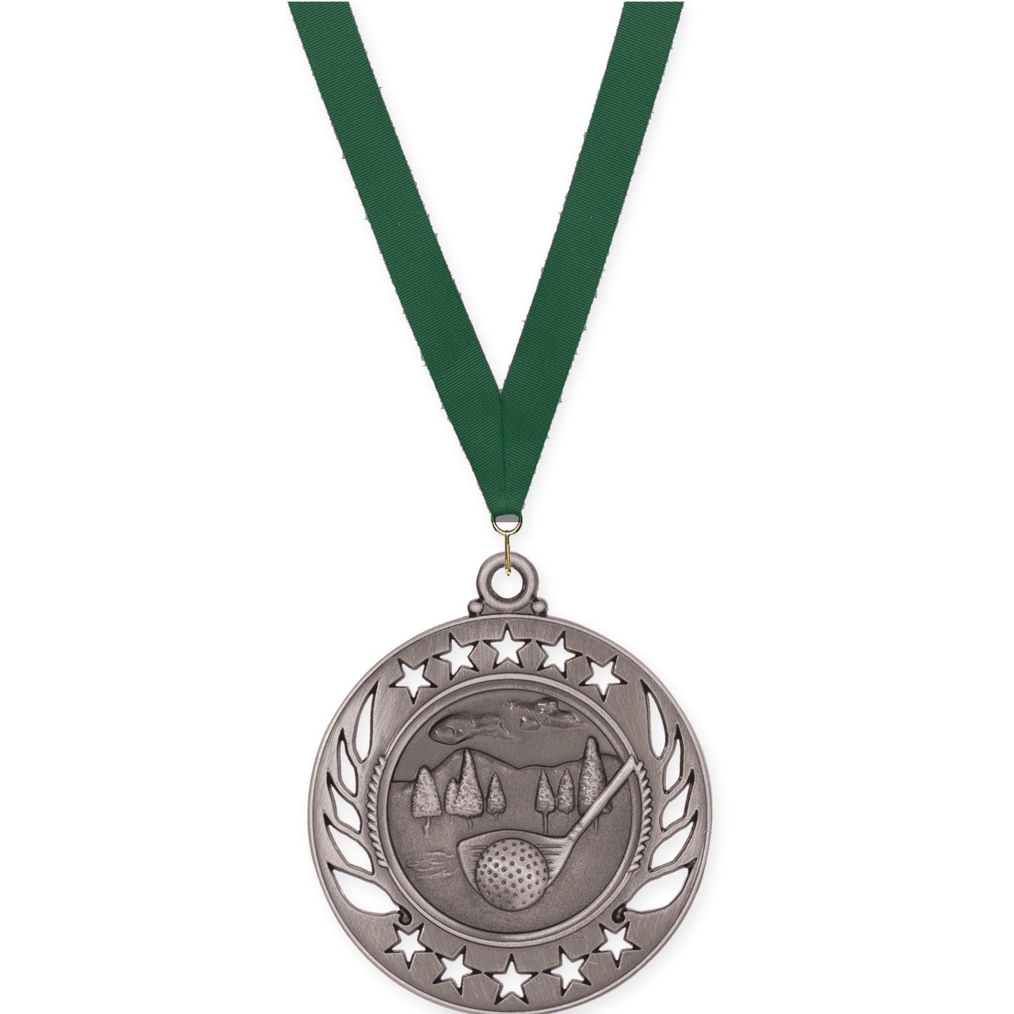2 1/4 inch golf Galaxy medal in antique silver with Hunter Green neck ribbon
