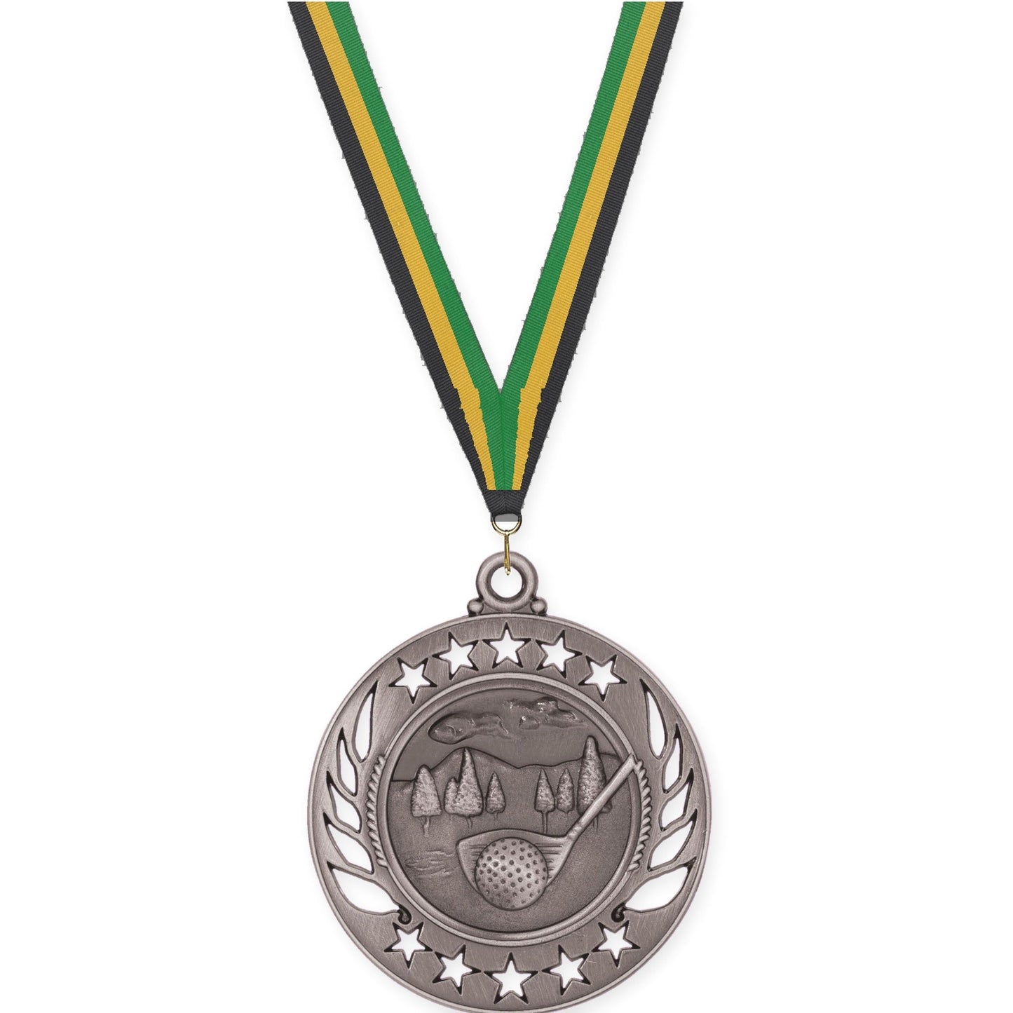 2 1/4 inch golf Galaxy medal in antique silver with Black Gold Green neck ribbon