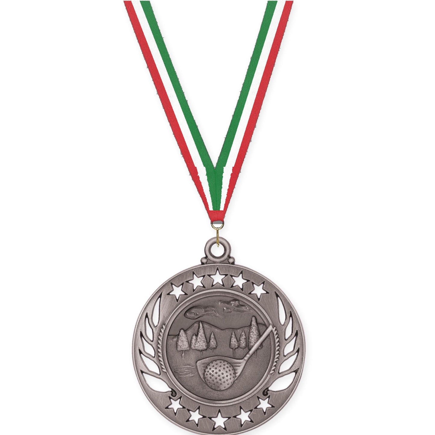 2 1/4 inch golf Galaxy medal in antique silver with Red White Green neck ribbon