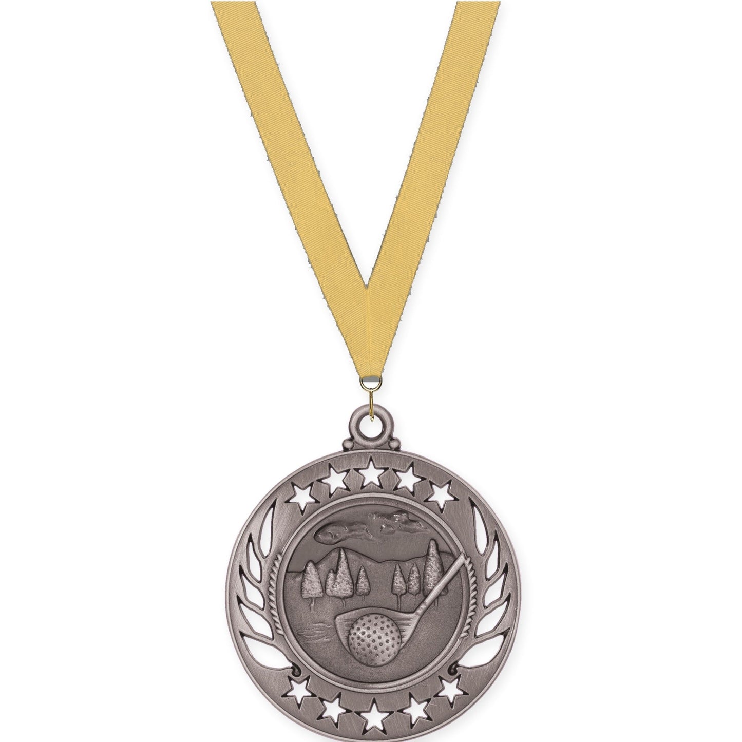 2 1/4 inch golf Galaxy medal in antique silver with Gold Metallic neck ribbon