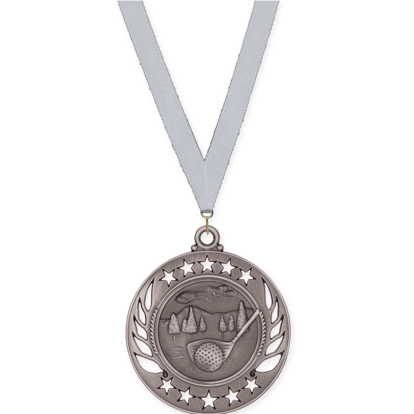 2 1/4 inch golf Galaxy medal in antique silver with Silver Metallic neck ribbon
