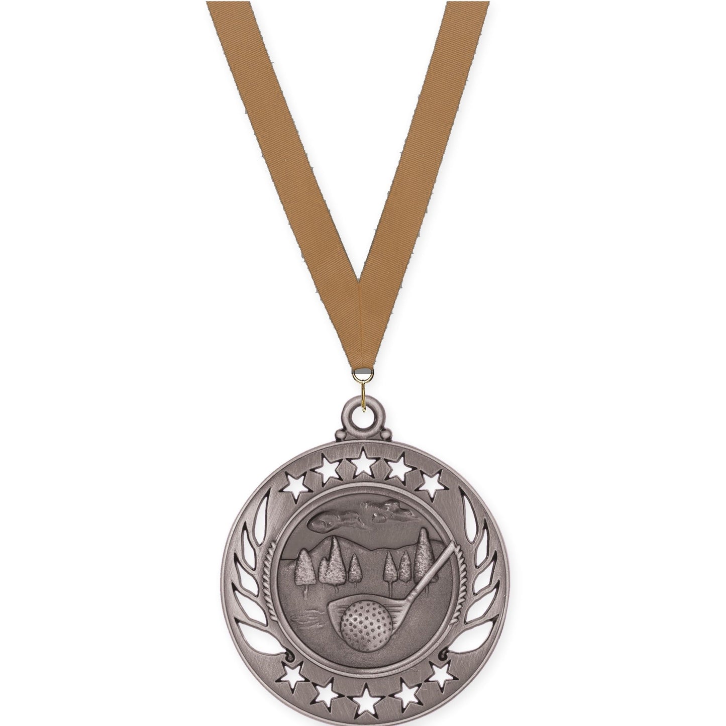 2 1/4 inch golf Galaxy medal in antique silver with Bronze Metallic neck ribbon