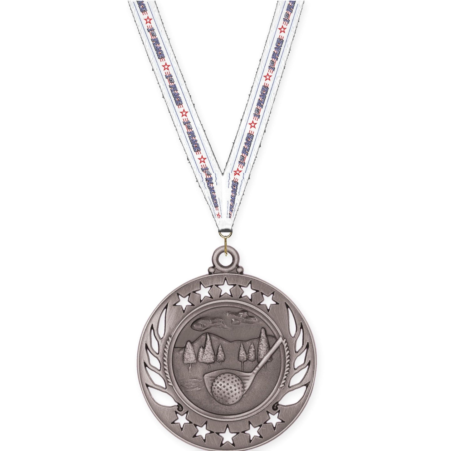 2 1/4 inch golf Galaxy medal in antique silver with 1st Place neck ribbon