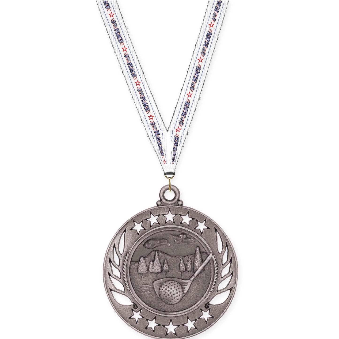 2 1/4 inch golf Galaxy medal in antique silver with 3rd Place neck ribbon