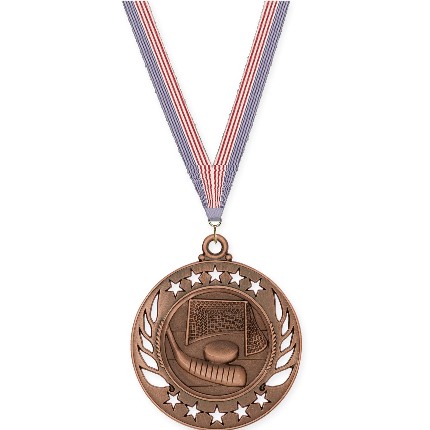 2 1/4 inch hockey Galaxy medal in antique bronze with USA Flag neck ribbon
