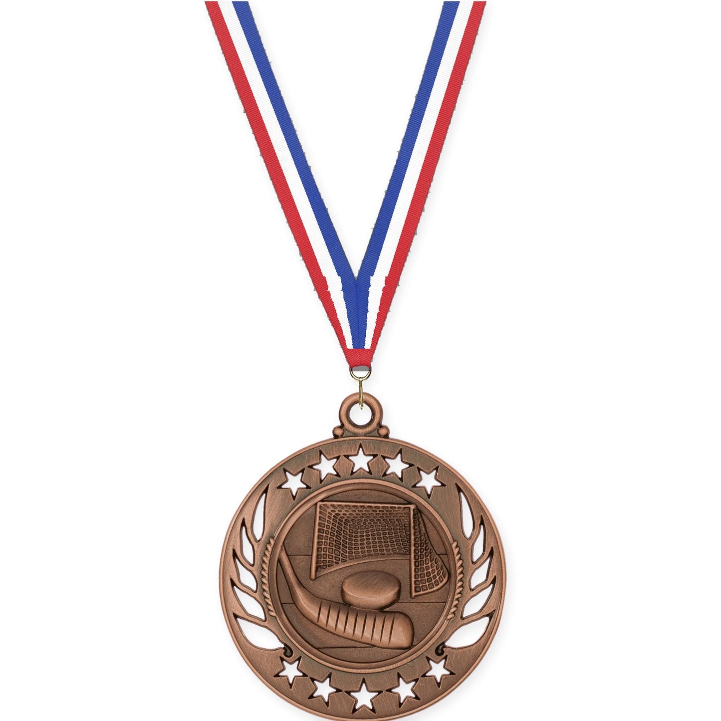 2 1/4 inch hockey Galaxy medal in antique bronze with Red White Blue neck ribbon