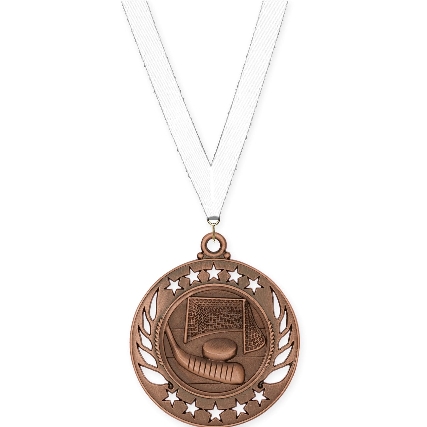 2 1/4 inch hockey Galaxy medal in antique bronze with White neck ribbon