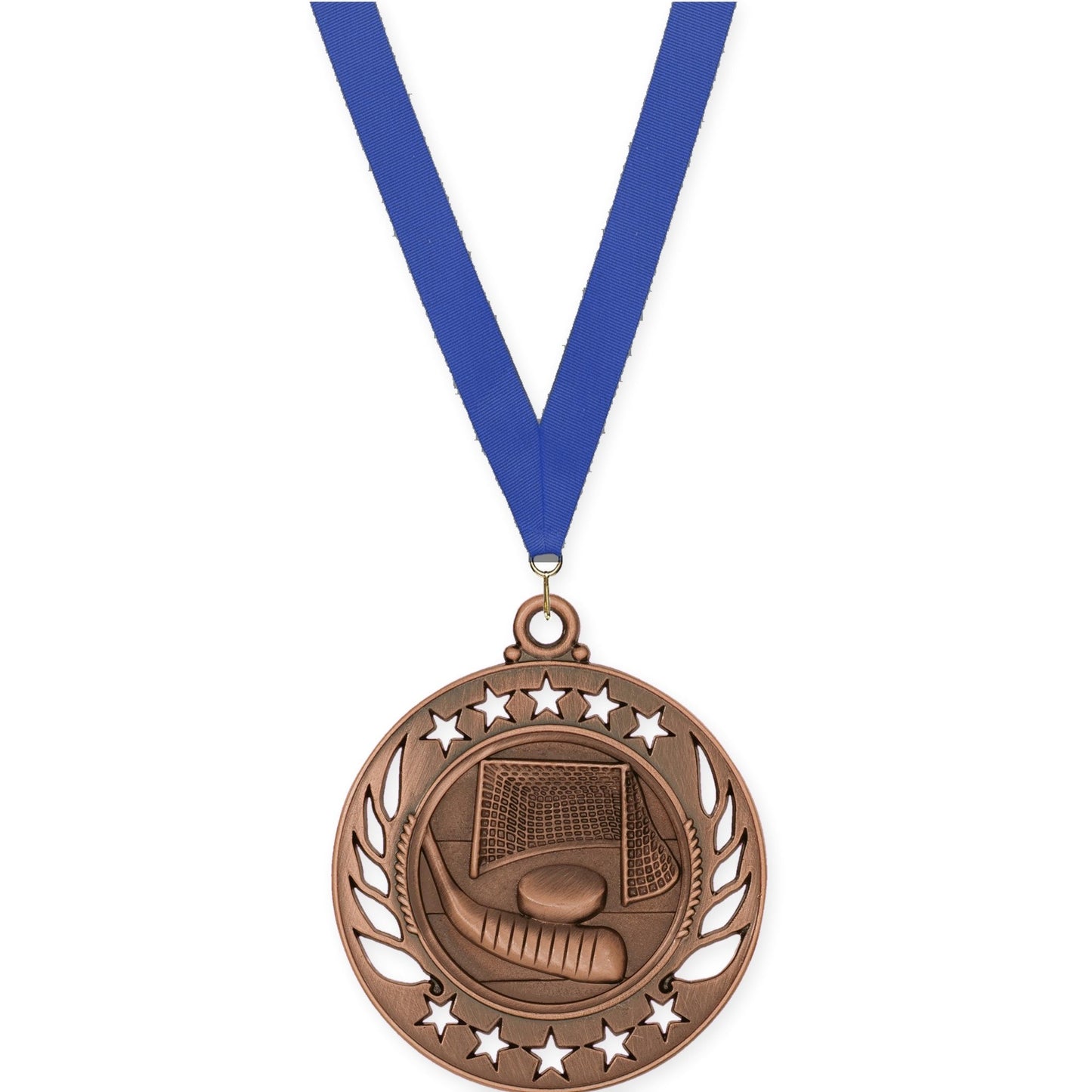 2 1/4 inch hockey Galaxy medal in antique bronze with Blue neck ribbon