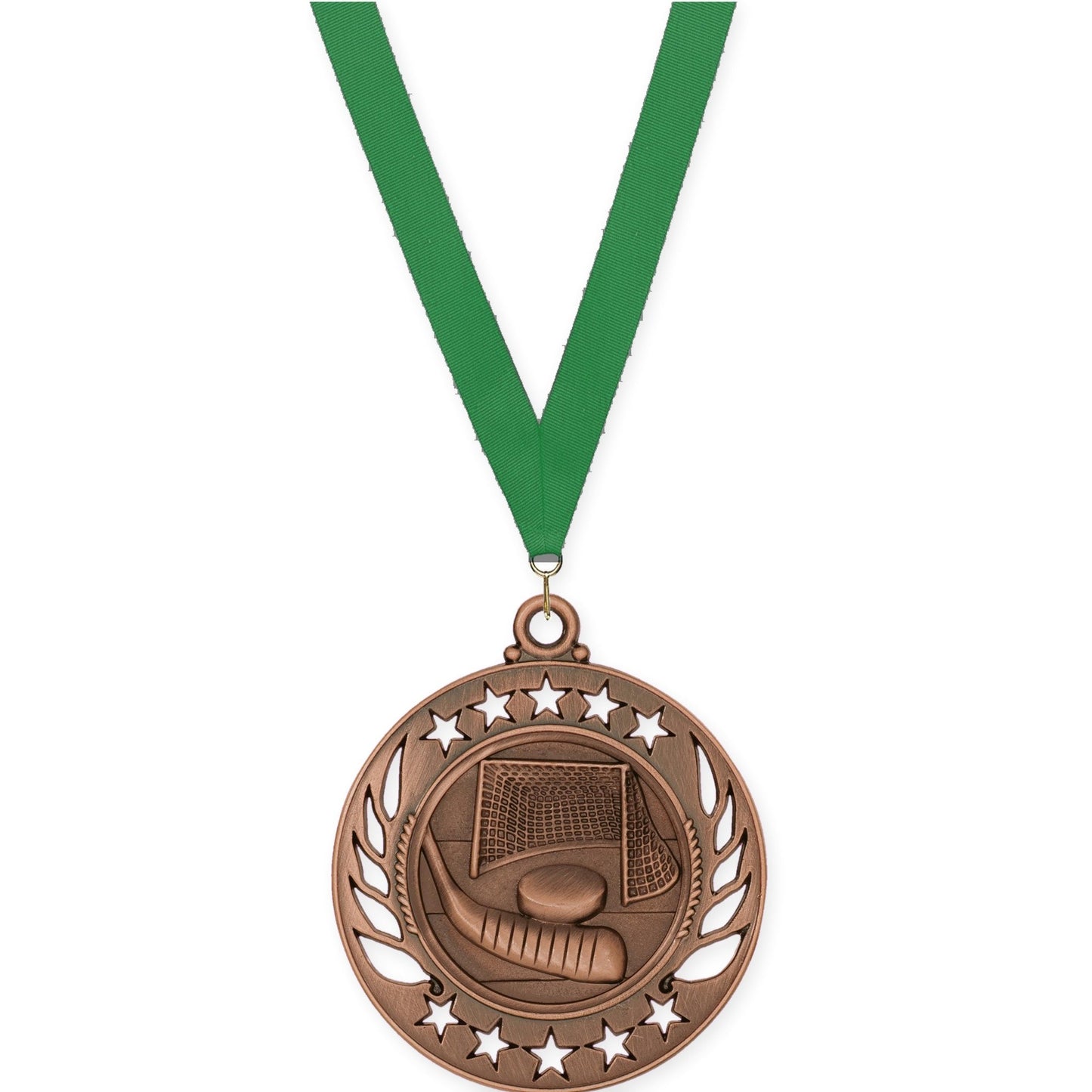 2 1/4 inch hockey Galaxy medal in antique bronze with Green neck ribbon