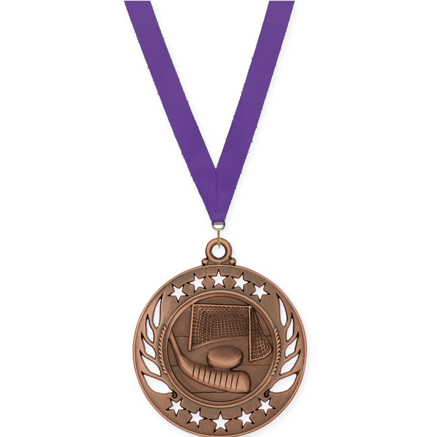 2 1/4 inch hockey Galaxy medal in antique bronze with Purple neck ribbon