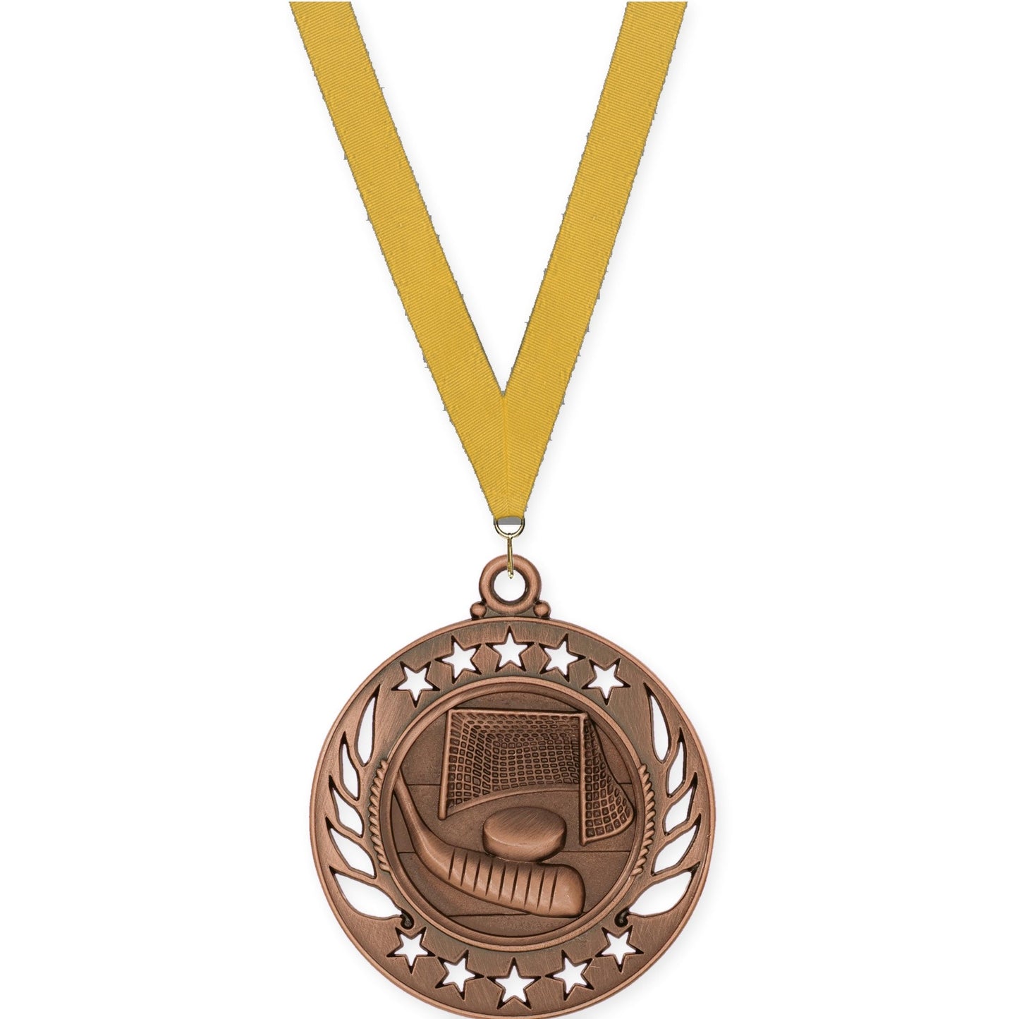 2 1/4 inch hockey Galaxy medal in antique bronze with Gold neck ribbon