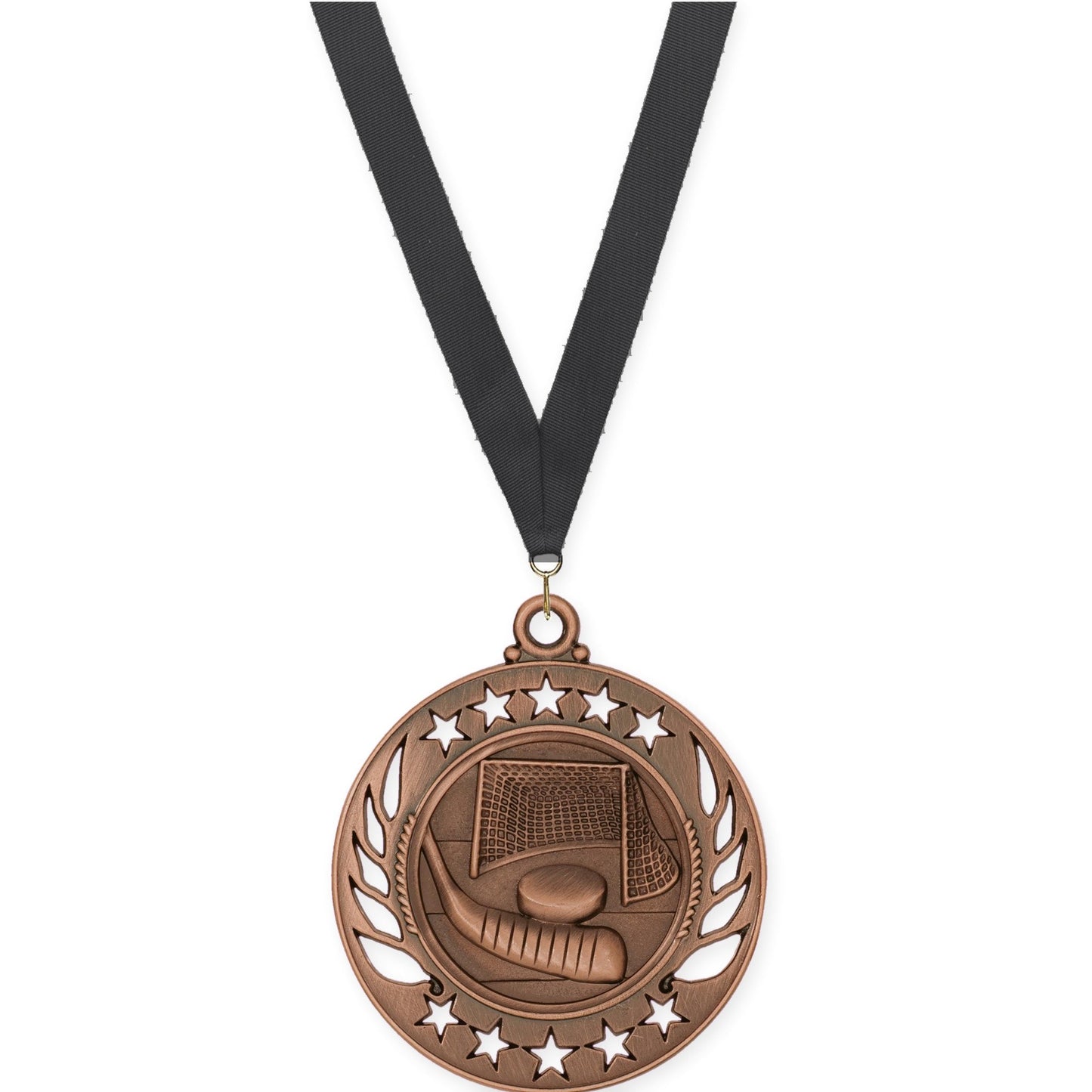 2 1/4 inch hockey Galaxy medal in antique bronze with Black neck ribbon