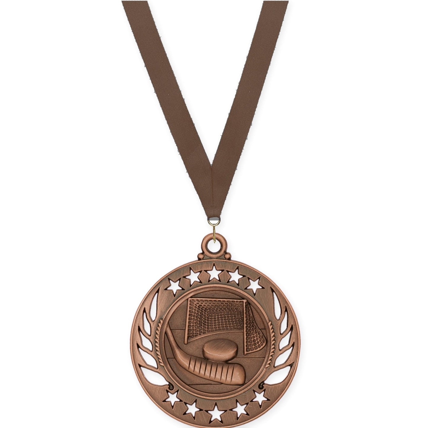 2 1/4 inch hockey Galaxy medal in antique bronze with Brown neck ribbon