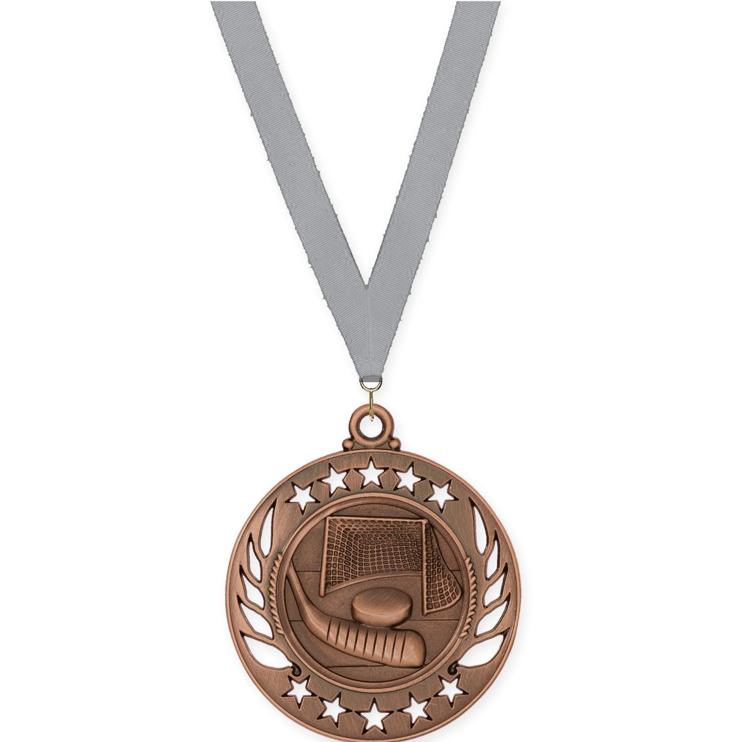 2 1/4 inch hockey Galaxy medal in antique bronze with Gray neck ribbon