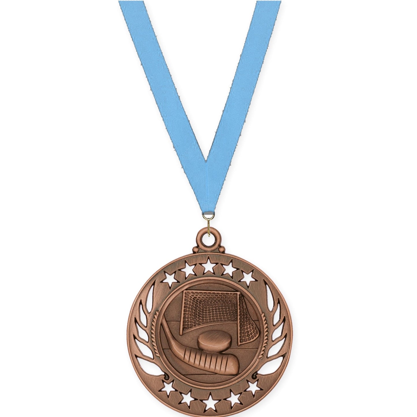 2 1/4 inch hockey Galaxy medal in antique bronze with Light Blue neck ribbon
