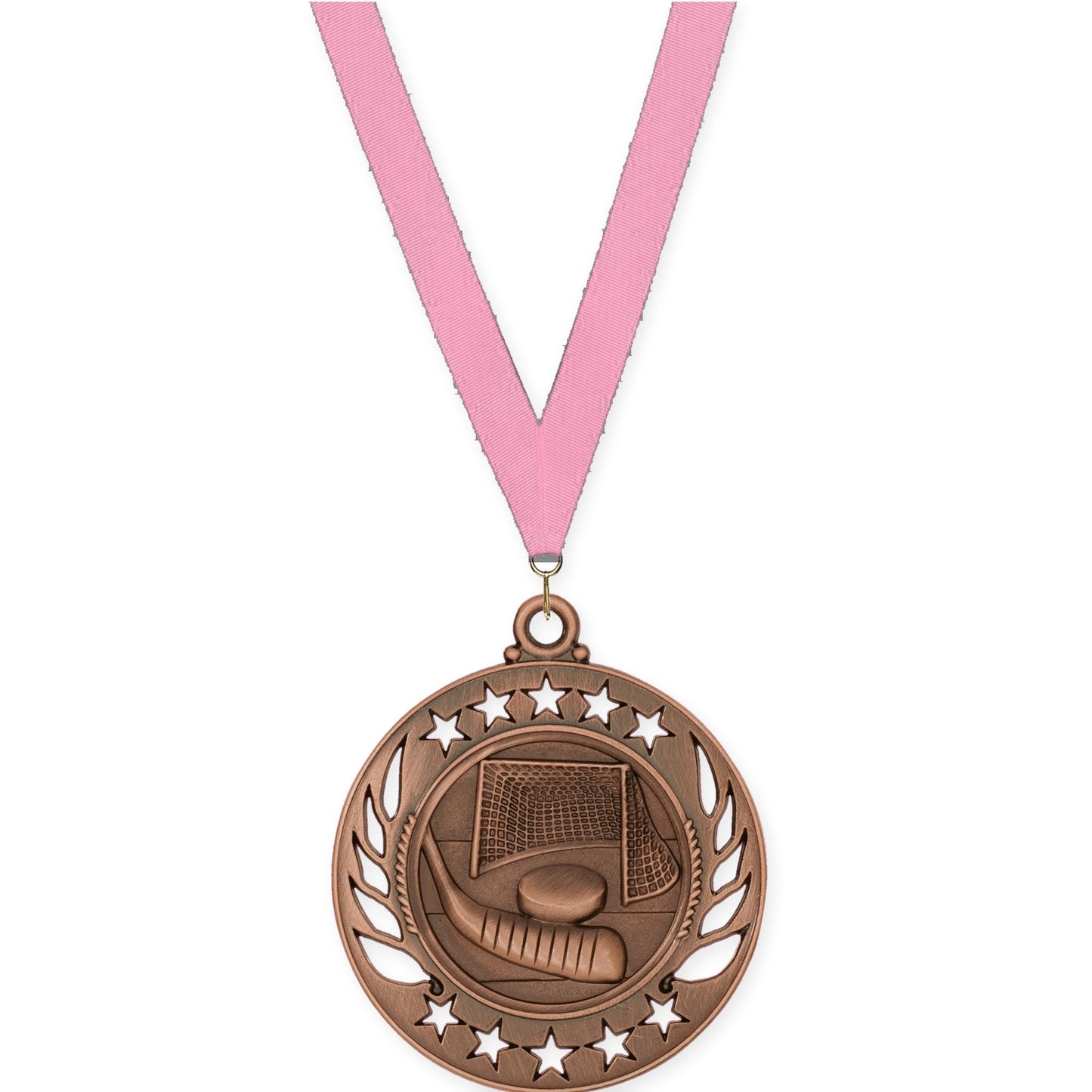 2 1/4 inch hockey Galaxy medal in antique bronze with Pink neck ribbon
