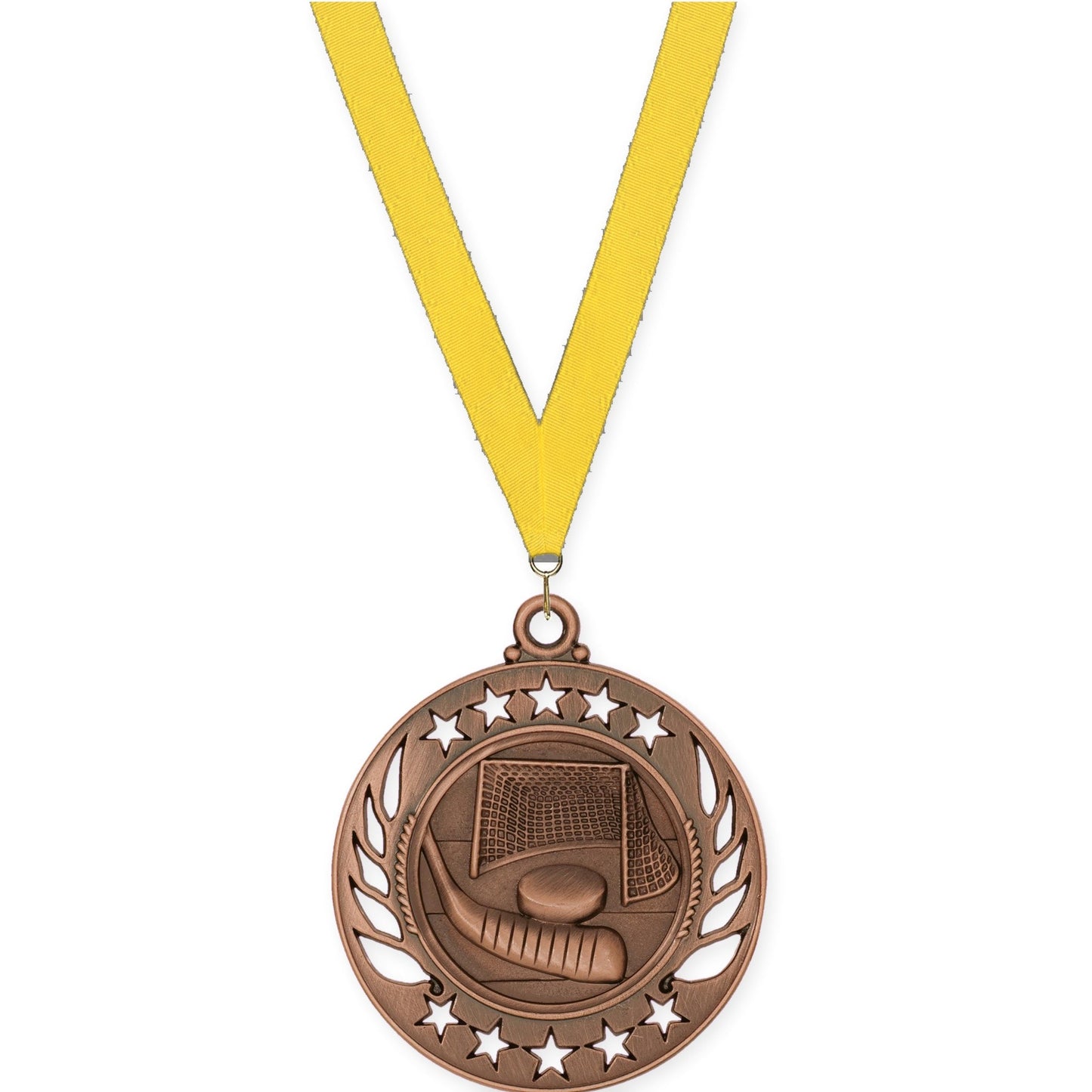 2 1/4 inch hockey Galaxy medal in antique bronze with Yellow neck ribbon