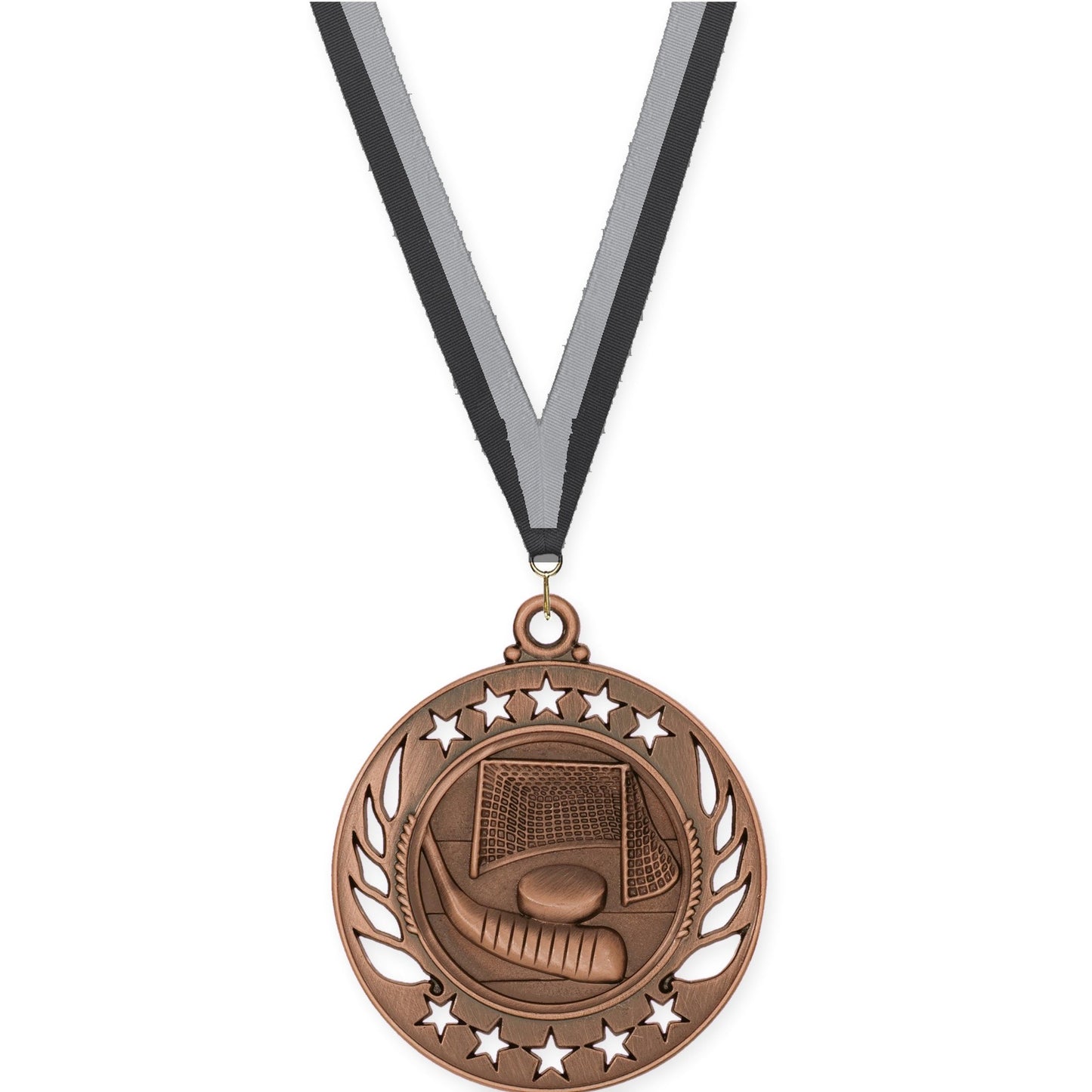 2 1/4 inch hockey Galaxy medal in antique bronze with Black Gray neck ribbon