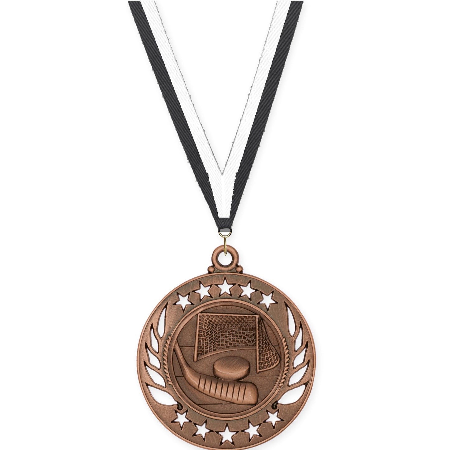 2 1/4 inch hockey Galaxy medal in antique bronze with Black White neck ribbon
