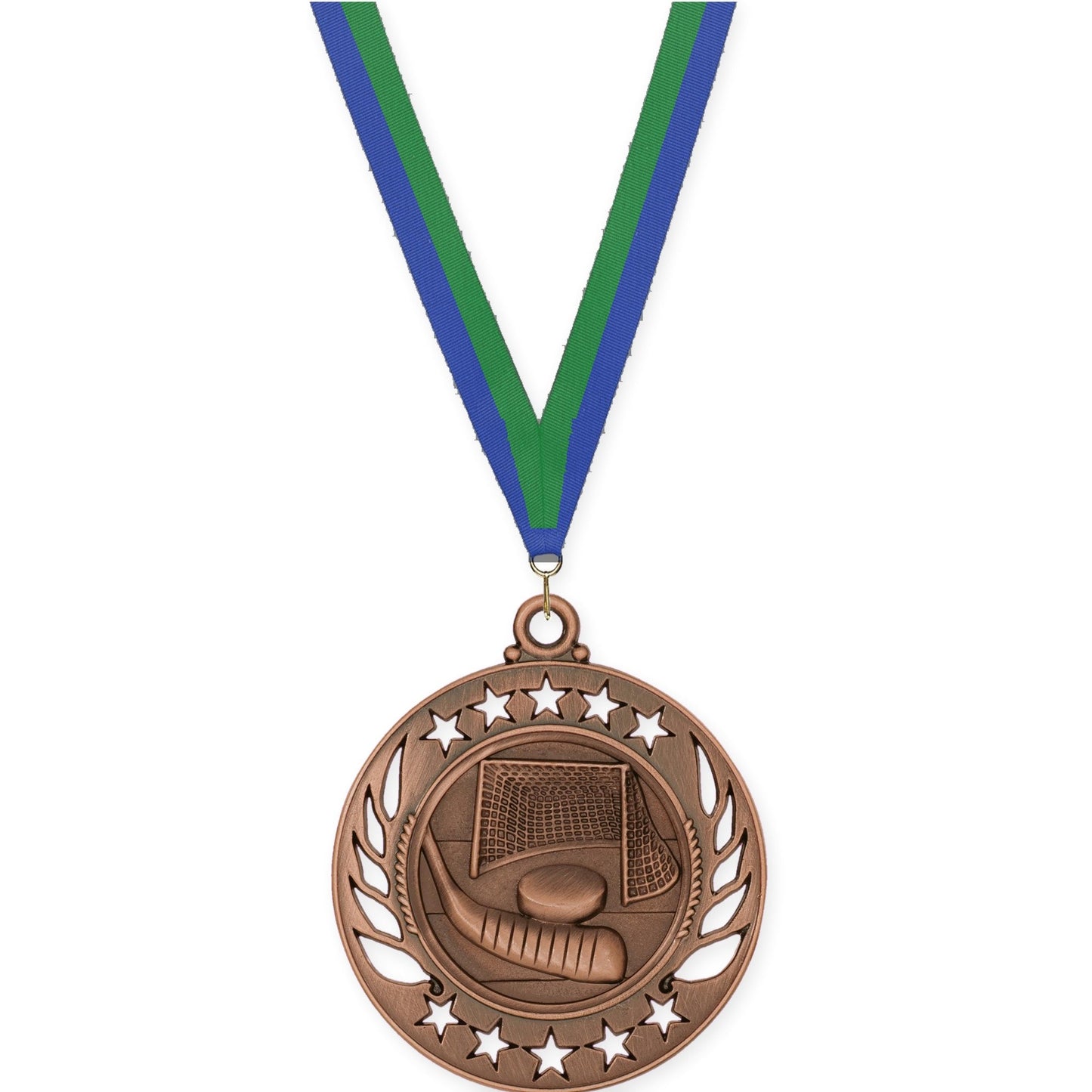 2 1/4 inch hockey Galaxy medal in antique bronze with Blue Green neck ribbon