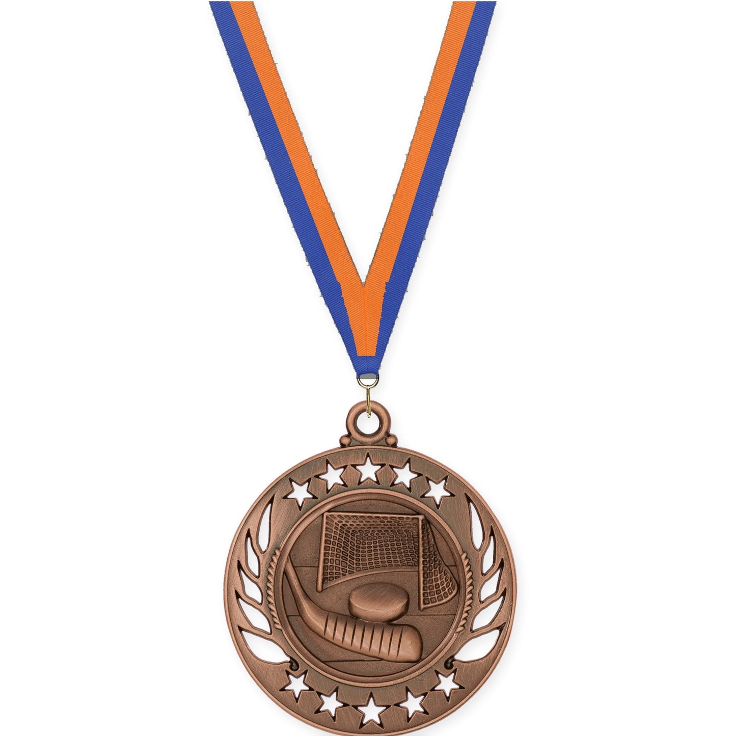 2 1/4 inch hockey Galaxy medal in antique bronze with Blue Orange neck ribbon