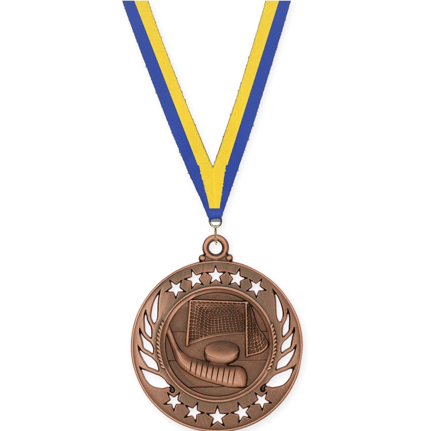 2 1/4 inch hockey Galaxy medal in antique bronze with Blue Yellow neck ribbon