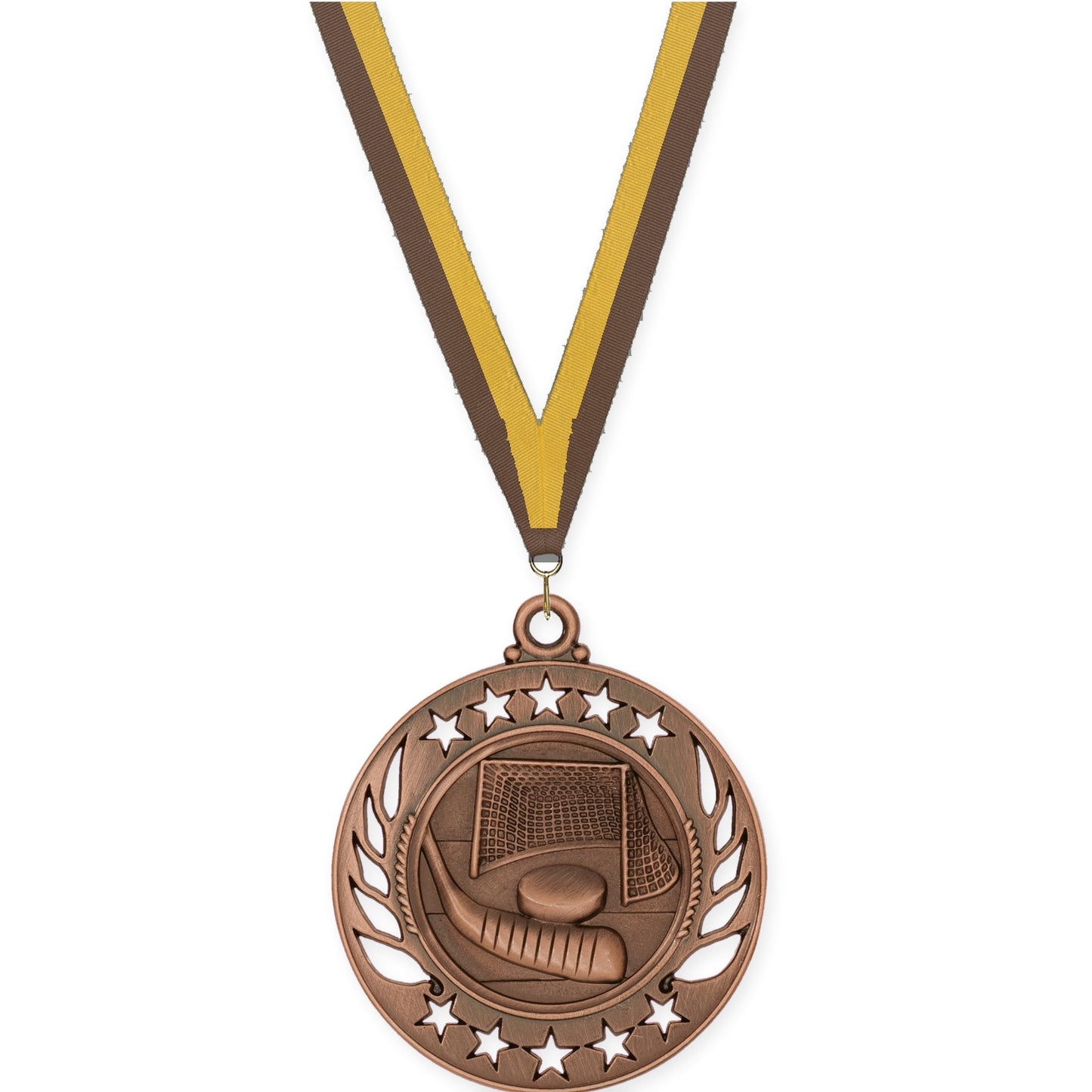 2 1/4 inch hockey Galaxy medal in antique bronze with Brown Gold neck ribbon
