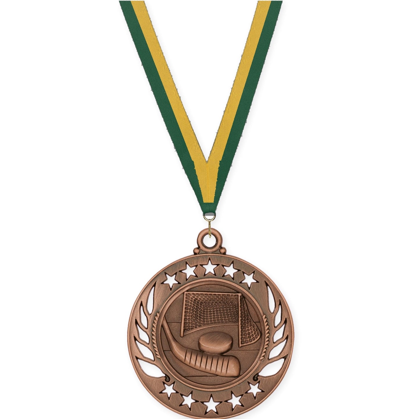 2 1/4 inch hockey Galaxy medal in antique bronze with Hunter Green Gold neck ribbon