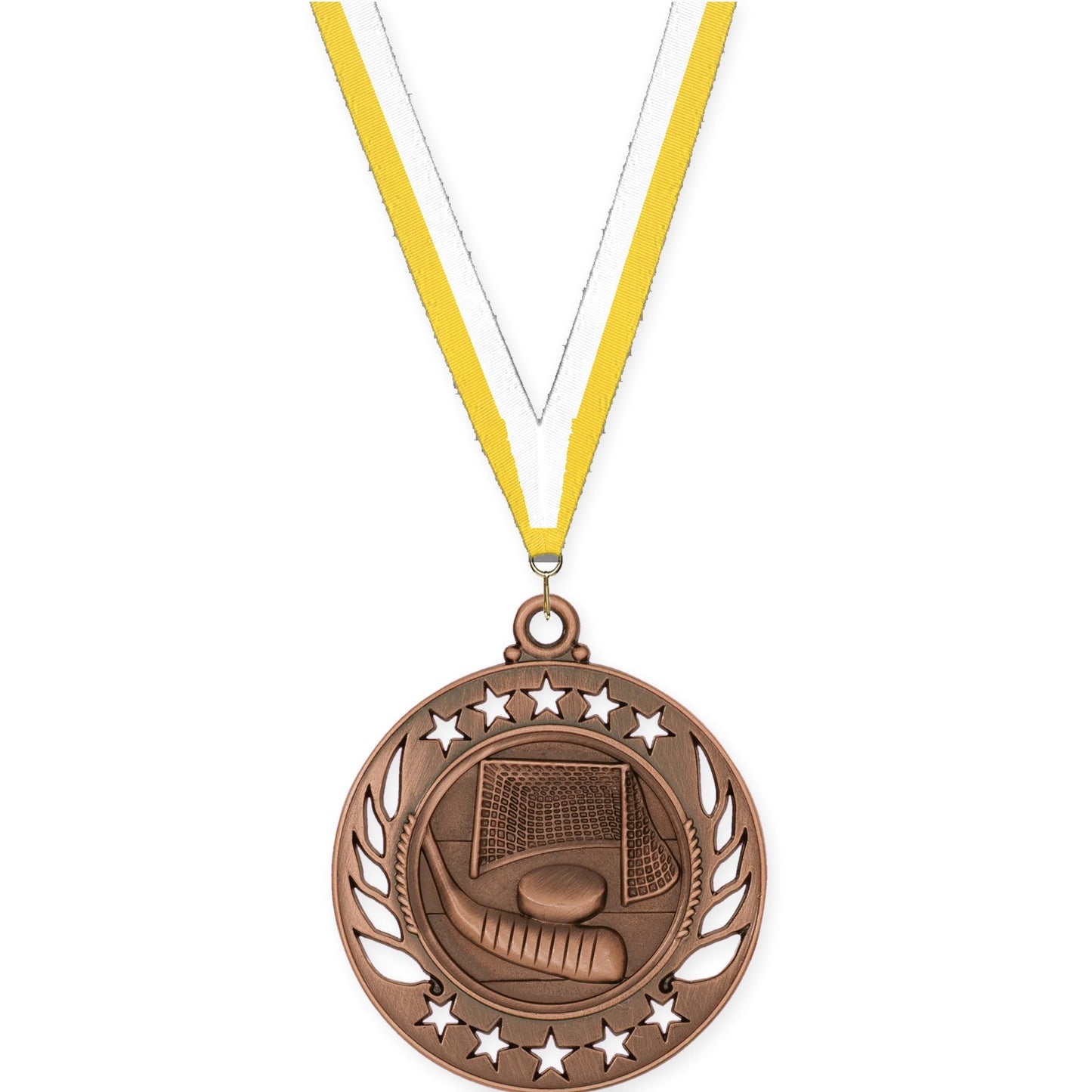 2 1/4 inch hockey Galaxy medal in antique bronze with Yellow White neck ribbon