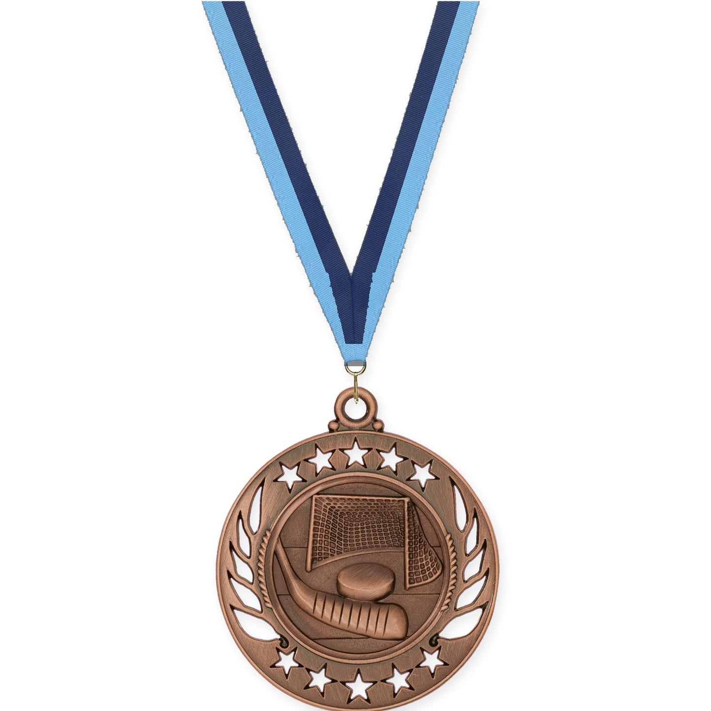 2 1/4 inch hockey Galaxy medal in antique bronze with Light Blue Navy neck ribbon
